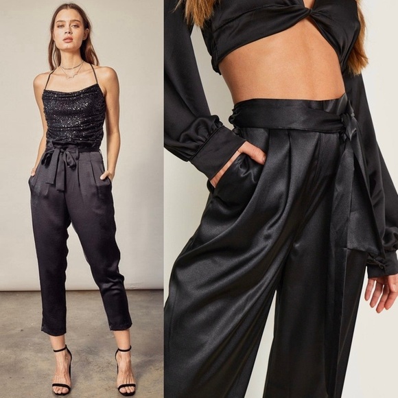 ALC Silk Satin High Rise Pleated Paperbag Waist Tie Belt Tapered Ankle Trouser 0 - Picture 1 of 6